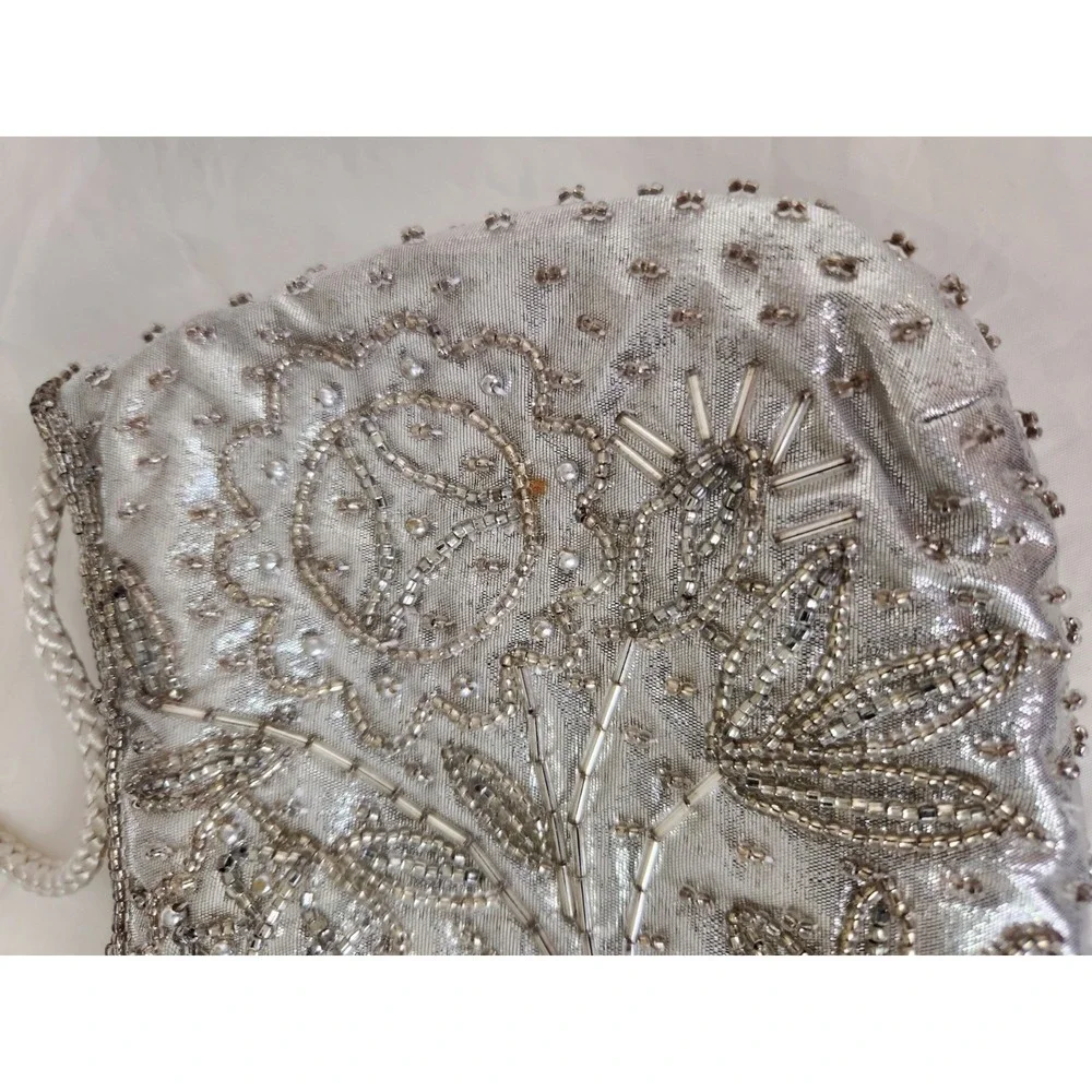Vintage Valerie Stevens Silver Hand-Beaded Evening Bag‎ Braided Strap 8